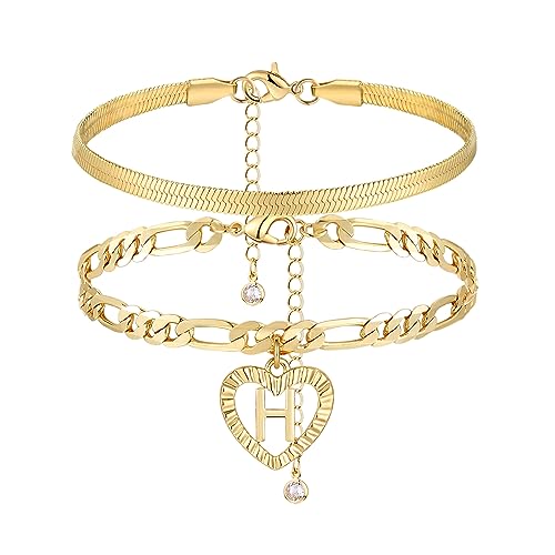 YANODA Gold Ankle Bracelets for Women Waterproof, 14k Gold Plated Layered Snake Anklets Figaro Chain Letter Initial Anklets Handmade Heart Ankle Bracelets Personalized for Women Beach Jewelry Gifts - color: H