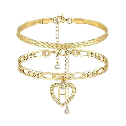 YANODA Gold Ankle Bracelets for Women Waterproof, 14k Gold Plated Layered Snake Anklets Figaro Chain Letter Initial Anklets Handmade Heart Ankle Bracelets Personalized for Women Beach Jewelry Gifts - color: H