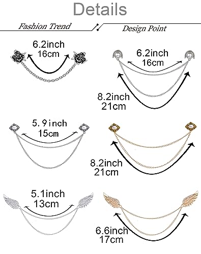 6 Pcs Antique Sweater Shawl Clip Chain Renaissance Style Rose Bowknot Brooch Flowers Wings Heart Cardigan Pin Gold sliver For Woman Men - style: C:6Pcs(Wing)