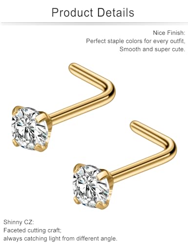Cisyozi 18G Nose Rings Studs Hypoallergenic Nose Piercings 316L Surgical Steel Silver Nose Rings Set L Shaped Nose Nostril Piercing Jewelry for Women Men Diamond CZ 1.5mm 2mm 2.5mm 3mm 3.5mm 4mm - color: 18G - Gold- CZ 3mm