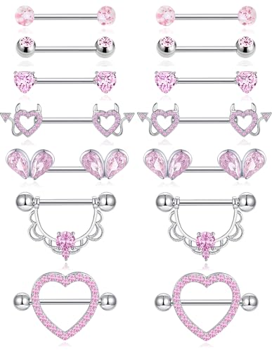 7 Pairs Nipple Rings for Women 14G Stainless Steel Pink CZ Heart Devil Acrylic Ball Straight Barbell Nipple Bars Tongue Rings Set Cute Nipplerings Piercing Jewelry Sliver Tone - color: Pink