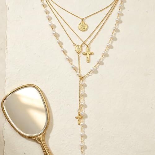 QCWN Gold Layered stacked Necklaces for women 3PS Chunky Statement Necklaces Stack Mixed Metal Charm Necklace for Women Trendy Coin Jewelry Gift for Her Gifts - style: Layered stack 11