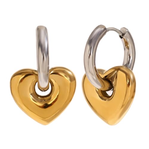 18K Gold Plated Heart Charm Hoop Earrings for Women, Two Tone Puffy Gold Heart with Silver Hoop Dangle Earrings, Polished Minimalist Heart Drop Huggie Hoops, Lightweight Romantic Jewelry
