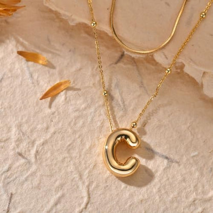 LUCA SMITH 2-Piece Initial Necklaces for Women, Dainty Balloon Bubble A-Z Letter Necklace Set, Name Letter Alphabet Pendant Layered Choker Necklaces Personalized Jewelry Gift - color: Gold bubble letter necklace, style: Initial Set-C