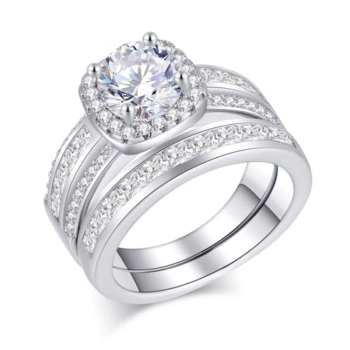 CEJUG 3Ct Princess Wedding Rings for Women Engagement Ring Set Bands 18k White Gold Plated Halo Cz Size 6-10 - color: White Silver