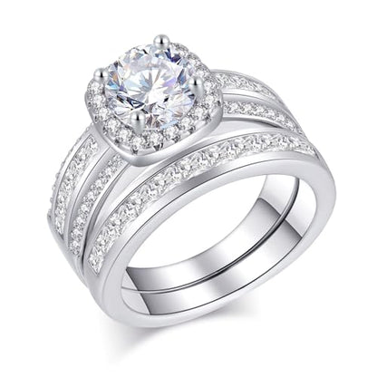 CEJUG 3Ct Princess Wedding Rings for Women Engagement Ring Set Bands 18k White Gold Plated Halo Cz Size 6-10 - color: White Silver