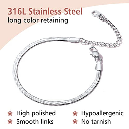 FindChic Elegant Herringbone Snake Chain Anklets/Bracelets 3MM/5MM Width Stainless Steel/18K Gold/Rose Gold Plated/Black 4 Color Options, 8.3'' 8.5'' 10.5'' Length, with Gift Box - color: B: 3mm 6.3'' bracelet (Stainless Steel)