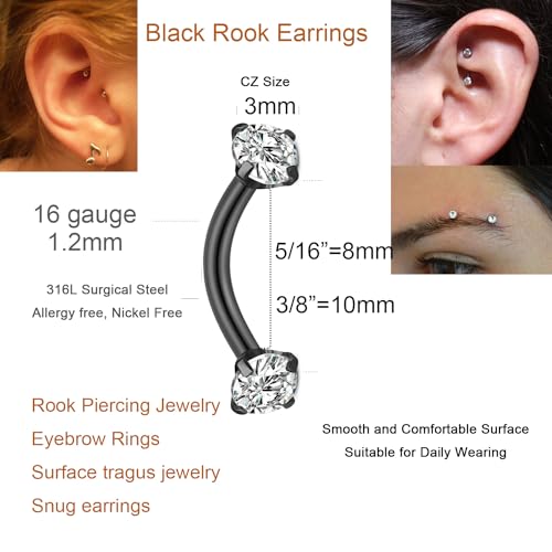 Rook Piercing Jewelry Rook Earrings for Women Eyebrow Rings Surgical Steel Vertical Labret Jewelry 16g 14g Curved Barbell Snug Daith Surface Tragus Piercing Jewelry Silver Gold - color: A8-5pcs black