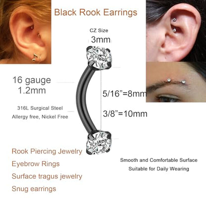 Rook Piercing Jewelry Rook Earrings for Women Eyebrow Rings Surgical Steel Vertical Labret Jewelry 16g 14g Curved Barbell Snug Daith Surface Tragus Piercing Jewelry Silver Gold - color: A8-5pcs black
