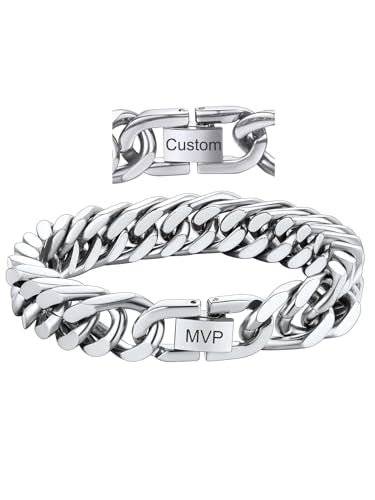 ChainsHouse Stainless Steel Cuban Link Bracelet, 6mm/8mm/12mm/17mm Width, 7.5"/8.3"/9", Black/ 18K Gold Plated Chain Wrist Bracelets for Men Women, Send Gift Box - color: Q: Steel-12mm width-custom