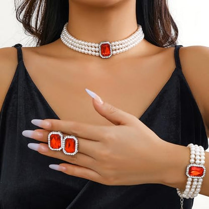 Wekicic Faux Pearl Necklace Earrings Set for Women Crystal Pearl Choker Necklace Bracelet Set 1920s Jewelry for Wedding Party - color: Red