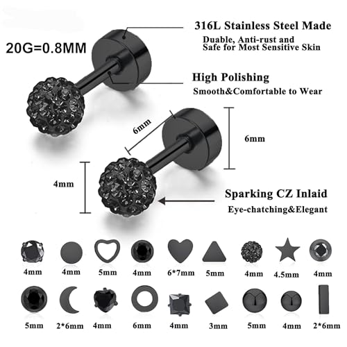 18Pairs 20G 18G Stainless Steel Tiny Stud Earrings for Women Cartilage Helix Earrings Ball Star CZ Earrings - color: Black, size: 20G
