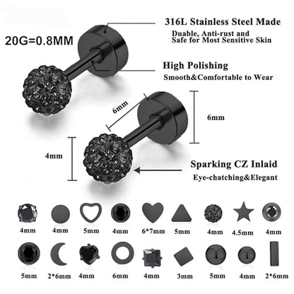 18Pairs 20G 18G Stainless Steel Tiny Stud Earrings for Women Cartilage Helix Earrings Ball Star CZ Earrings - color: Black, size: 20G