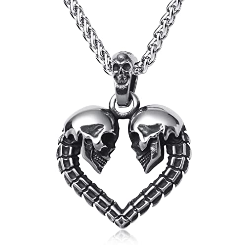 Skull Necklace for Men Stainless Steel Gothic Punk Emo Biker Necklace Jewelry for Men 60cm - style: Heart Skull