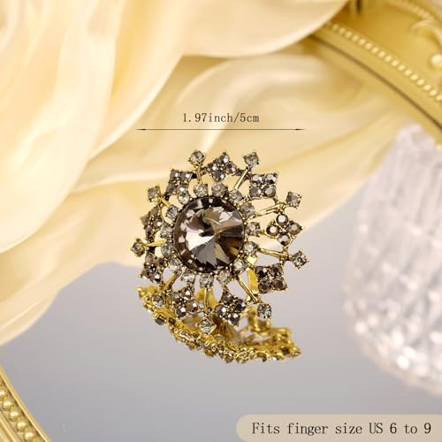Elegant Big Crystal Ring for Women Gold Stacking Pearl Rhinestone Flower Rings Open Finger Adjustable Crystal Statement Ring Jewelry for Bridal Wedding - color: Crystal 6-black