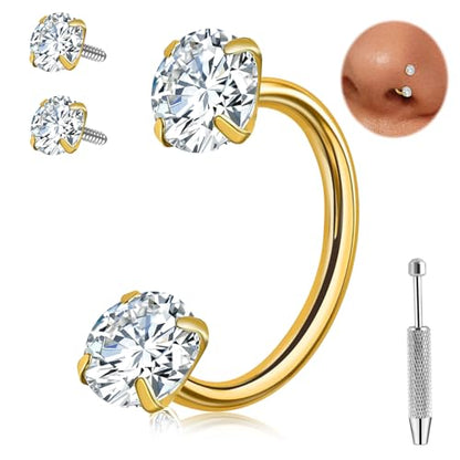 ONESING 9-40 Pcs Nose Rings - Hoops, Studs & L Shape - Hypoallergenic Stainless Steel Nose Piercings for Women & Men - color: 20G-Clear CZ -Gold