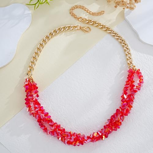 Crystal Statement Necklace with Gold Chain, Black and Clear Crystal Clusters, Chunky Curb Link Design, Fashion Jewelry for Women - color: Red