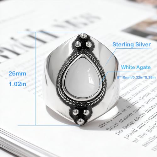 Natural Waterdrop Stone Wide Band Ring,Sterling Silver Genuine Teardrop Crystal Quartz Gemstone Statement Wide Chunky Full Finger Band Ring for Women - color: A03_White Agate