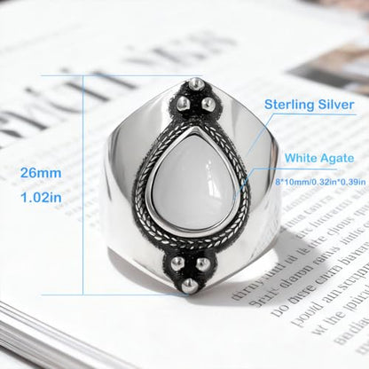 Natural Waterdrop Stone Wide Band Ring,Sterling Silver Genuine Teardrop Crystal Quartz Gemstone Statement Wide Chunky Full Finger Band Ring for Women - color: A03_White Agate