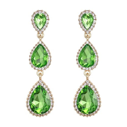 EleQueen Women's Crystal Teardrop Pear Shape 2.5 Inch Long Earrings | Dangle Earrings for Women, TearDrop Crystals Earrings for Bride Bridesmaid, Prom Jewelry for Wedding - color: Light Green Gold-Tone