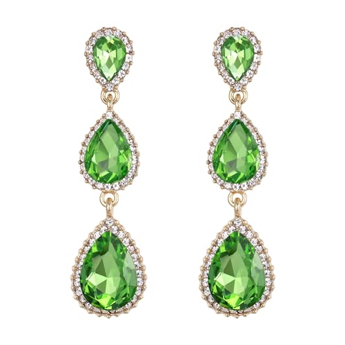 EleQueen Women's Crystal Teardrop Pear Shape 2.5 Inch Long Earrings | Dangle Earrings for Women, TearDrop Crystals Earrings for Bride Bridesmaid, Prom Jewelry for Wedding - color: Light Green Gold-Tone