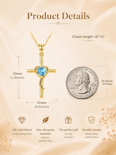 14K Gold Cross Necklace for Women Dainty Birthstone Pendant | Heart I Love You Romantic Jewelry Anniversary Christian Religious Baptism Birthday Gifts with 18"+2" Adjustable Chain - color: 14K Gold-12-Dec Birthstone