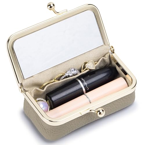 Genuine Leather Travel Jewelry Box, Mini Jewelry Organizer Case with Mirror for Women, Small Lipstick Bag for Purse, Cute Portable Gift for Her women giril (Gray, A) - color: Gray, size: A