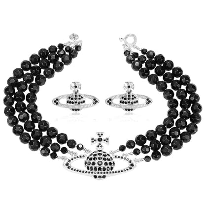 Dreuyet Saturn Pearl Necklace and Earrings Set Crystal Planet Earrings Dainty Artificial Pearl Choker Necklace Charm Gifts for Mum Wife Wedding Birthday Anniversary - color: 3 Layered Pearl Silver Black