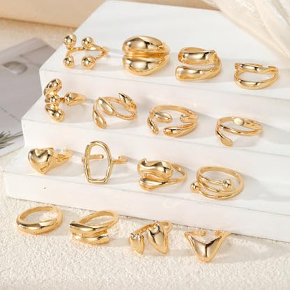IFKM Gold Chunky Rings Set for Women 14k Gold Plated Thick Dome Stackable Open Rings Trendy Dainty Minimalist Jewelry Gifts - color: Gold, style: 16pcs Encircle