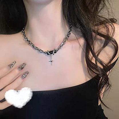 Gothic Cross Star Necklace For Men Women Silver Stainless Steel Cuban Link Paperclip Figaro Bead Chain Punk Kpop Y2k Goth Irregular Layered Cross Pendant Necklace Non Tarnish Jewelry Gift - color: Black C