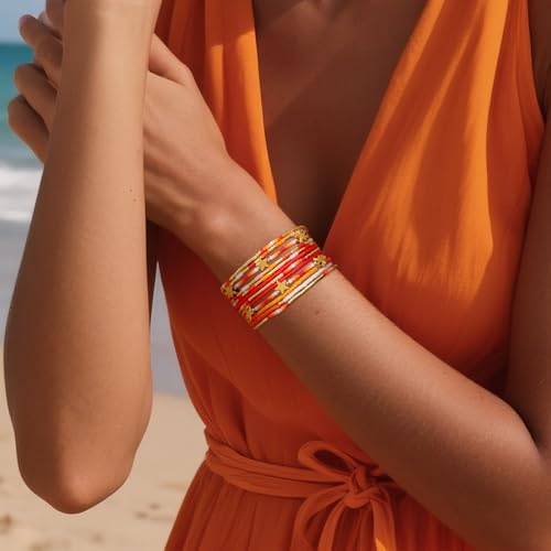 Gold Seed Beaded Bracelets Set for Women, Boho Handmade Friendship Stretch Summer Beach Jewelry Gift. - color: Fall Orange