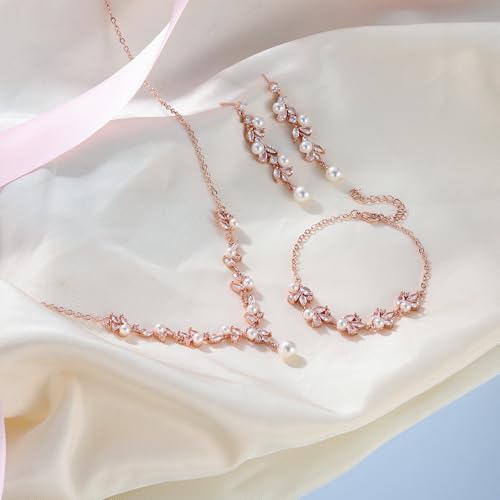 EleQueen Women's Simulated Pearl Wedding Jewelry Set for Brides | Cubic Zirconia Necklace Earrings Bracelet Set for Brides Bridesmaids, Bridal Jewelry Set for Anniversary/Memorial Day - style: Pearl Necklace Earrings Bracelet Rose Gold-Tone