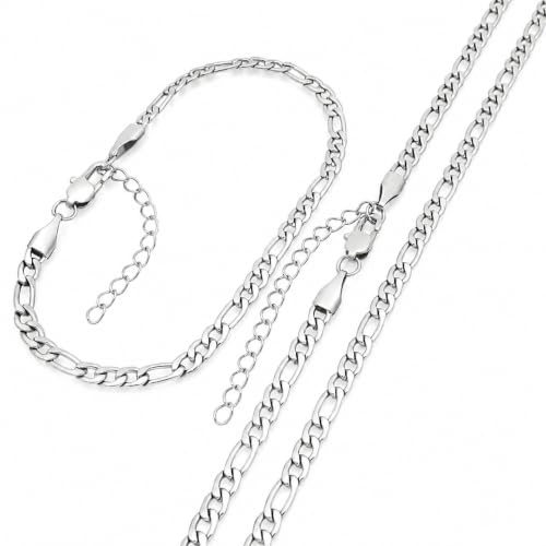 Kemstone Stainless Steel Figaro Cuban Bracelet Necklace Set for Men Women Jewelry - color: Silver 04