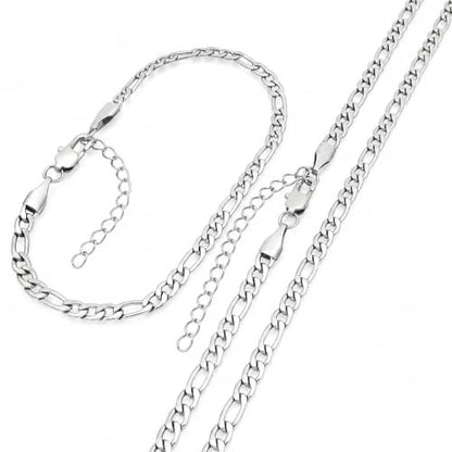 Kemstone Stainless Steel Figaro Cuban Bracelet Necklace Set for Men Women Jewelry - color: Silver 02