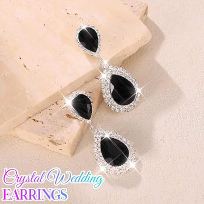 Catery Crystal Wedding Earrings Silver Rhinestone Ear Rings Teardrop Bridal Ear Jewelry for Brides and Women - color: Black