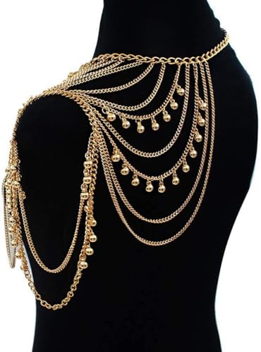 Yomiie Gold Body Chain Layered Tassels Shoulder Chain Bikini Beach Anniversary Festival for Women Uniform Dress Bikini Shoulder Accessories