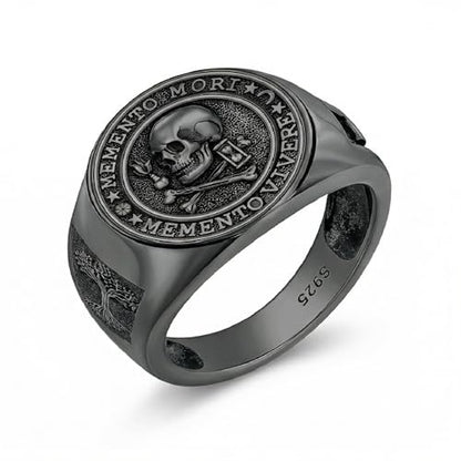 Memento Mori Ring 925 Sterling Silver Gothic Skull Signet Rings Tree of Life for Men Stoic Jewelry Memento Vivere Gifts - color: Black