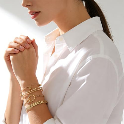 Alegend 14K Gold Plated Stackable Multilayer Bracelets + Titanium Steel(Not Rust, Resist Corruption, Easily Clean) 18K Gold Plated Single Bracelets - color: 14K Gold + 4PCS C