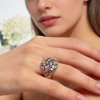 Luxury Dome Cubic Zirconia Adjustable Open Statement Ring for Women Men Gold-Tone Dainty Sparkly Crystal Colorful Rhinestone Geometry Statement Stacking Finger Band Wedding Party Fashion Jewelry - color: Colorful