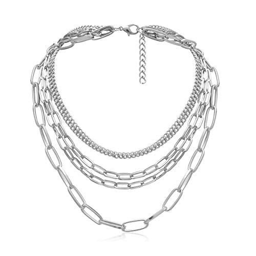 Layered Chain Necklaces for women 18 Inch Gold Plated Paperclip Chain Silver Tone Choker Necklace Rope Ball Chains Punk Jewelry - style: Silver 5-layer Chains