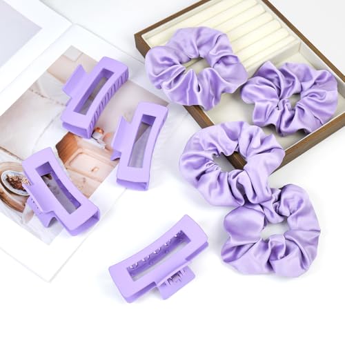 8pcs Purple Hair Clips Scrunchies Set - Medium Hair Claw Clips for Women, Satin Hair Scrunchies for Thick Thin Hair Accessoties, Non-Slip Matte Hair Claws, Party, Birthday Gifts, Lilac - color: Light Lilac Purple
