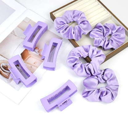 8pcs Purple Hair Clips Scrunchies Set - Medium Hair Claw Clips for Women, Satin Hair Scrunchies for Thick Thin Hair Accessoties, Non-Slip Matte Hair Claws, Party, Birthday Gifts, Lilac - color: Light Lilac Purple