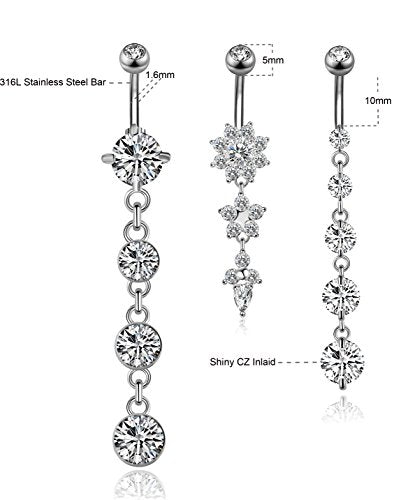 3-6PCS 14G 316L Stainless Steel Belly Button Rings for Women Navel Rings Barbell Dangle Flower CZ Body Piercing - color: A: 3 Pcs Silver-tone