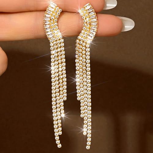 Gold Rhinestone Tassel Dangle Earrings for Women,Long Sparkly Crystal Statement Earring,Trendy Bridal Wedding Prom Jewelry Accessories - color: Golden