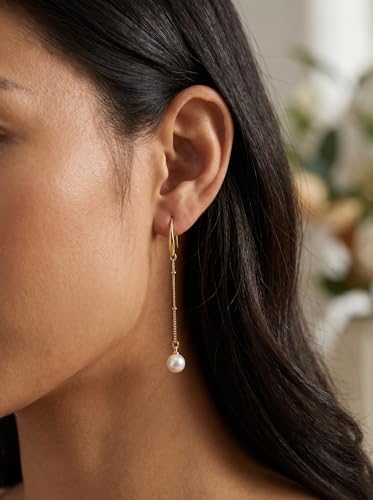 Pearl Dangle Earrings for Women, Threader Earrings Long Drop Earrings, Dainty Hoop Earrings Hypoallergenic Tassel Ear Chain for Wedding Jewelry Gifts - color: Pearl Hook Earrings