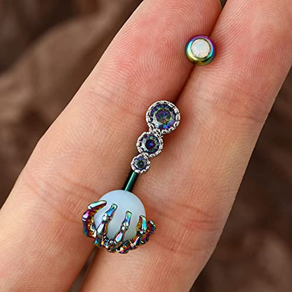 CM Crareesi Mania Skull Hand Halloween Belly Button Rings Natural Stone Claw Piercing Navel Rings for Women - color: Rainbow Claw