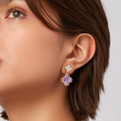 MTMY Dangle Earrings for Women 14K Gold Plated Four Leaf Clover Dangling Drop Birthstone Stud Earrings Trendy Flower Birthstone Jewelry Birthday Gifts - style: Feb.-Amethyst