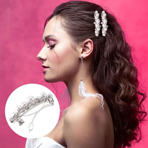 OIIKI Pearl Hair Snap Clips for Wedding, Silver, Style 1, 1pcs | Elegant Pearl Barrettes with Pins for Women, Brides, Parties, Daily Use