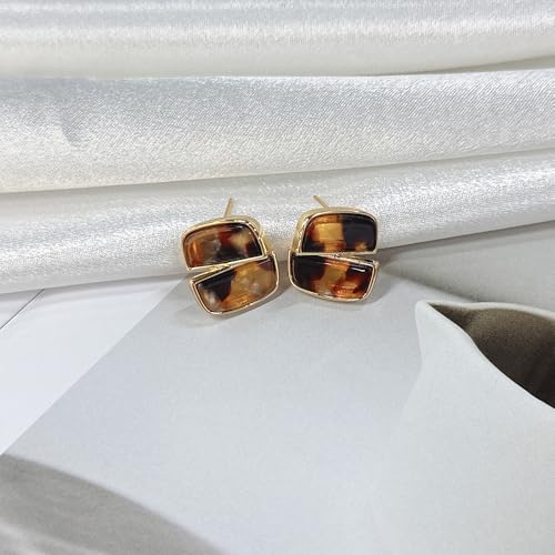 Rectangle/Round Leopard Print Stud Earrings for Women Gold Plated Vintage Geometric Resin Leopard Statement Studs Simple Unique Trendy Jewelry for Her Bff