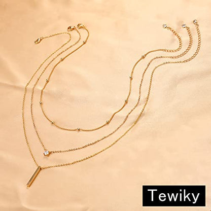 Tewiky Dainty 14k Gold Plated/Silver Cubic Zirconia Necklaces for Women, Simple CZ Jewelry Necklaces Trendy Gifts - color: Gold three layer bar CZ